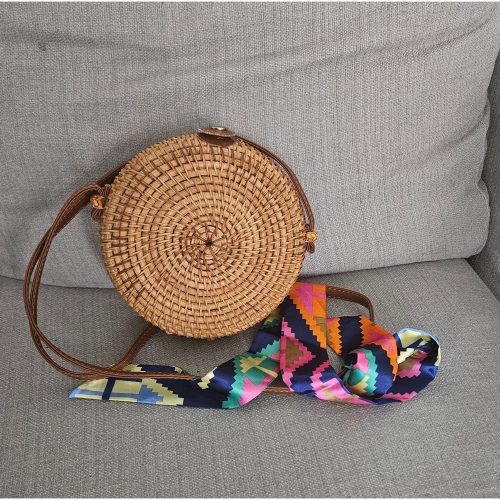 Round Rattan Crossbody Bag Woven Straw Boho Circle Purse Leather Strap